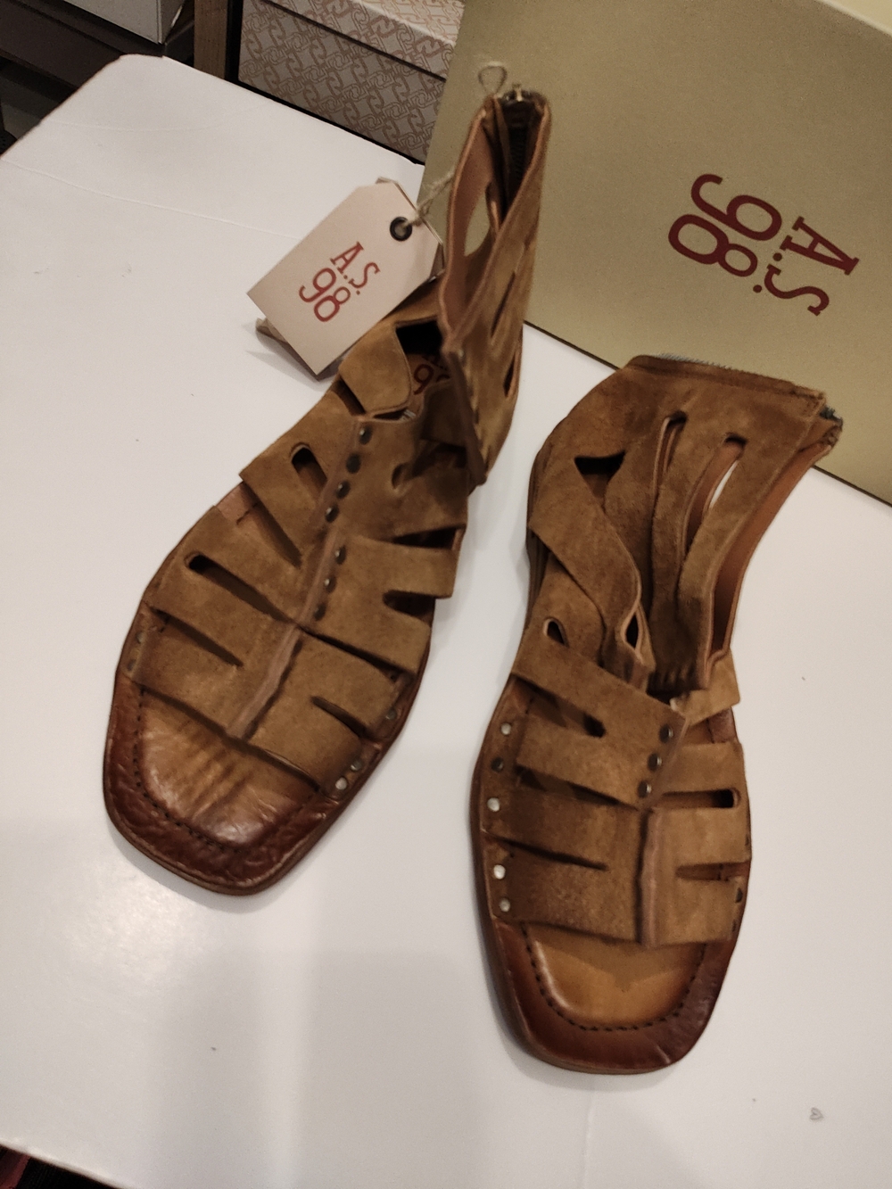 A.S.98 Rustic Brown Suede Strappy Cutout Sandals 11